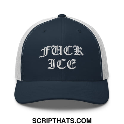 Dark navy mesh trucker hat with white embroidered fuck ice text in gothic script and contrasting stitching