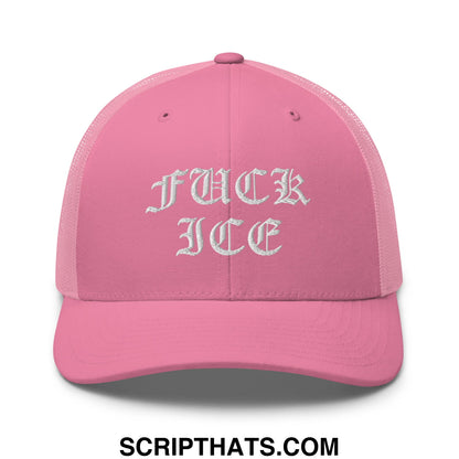 Pink mesh trucker hat with white embroidered fuck ice script in old english font for bold casual wear