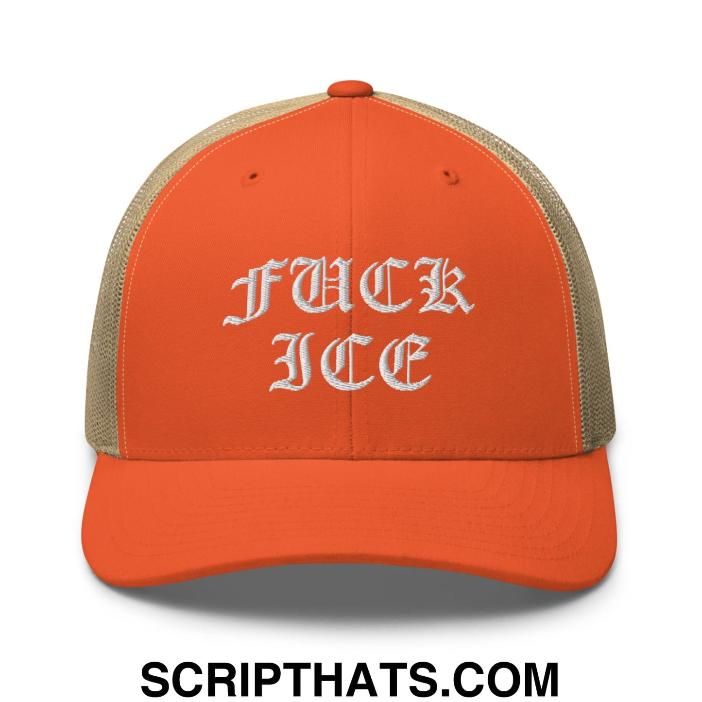 Fuck ICE Old English Embroidered Mesh Trucker Hat Rustic Orange Khaki