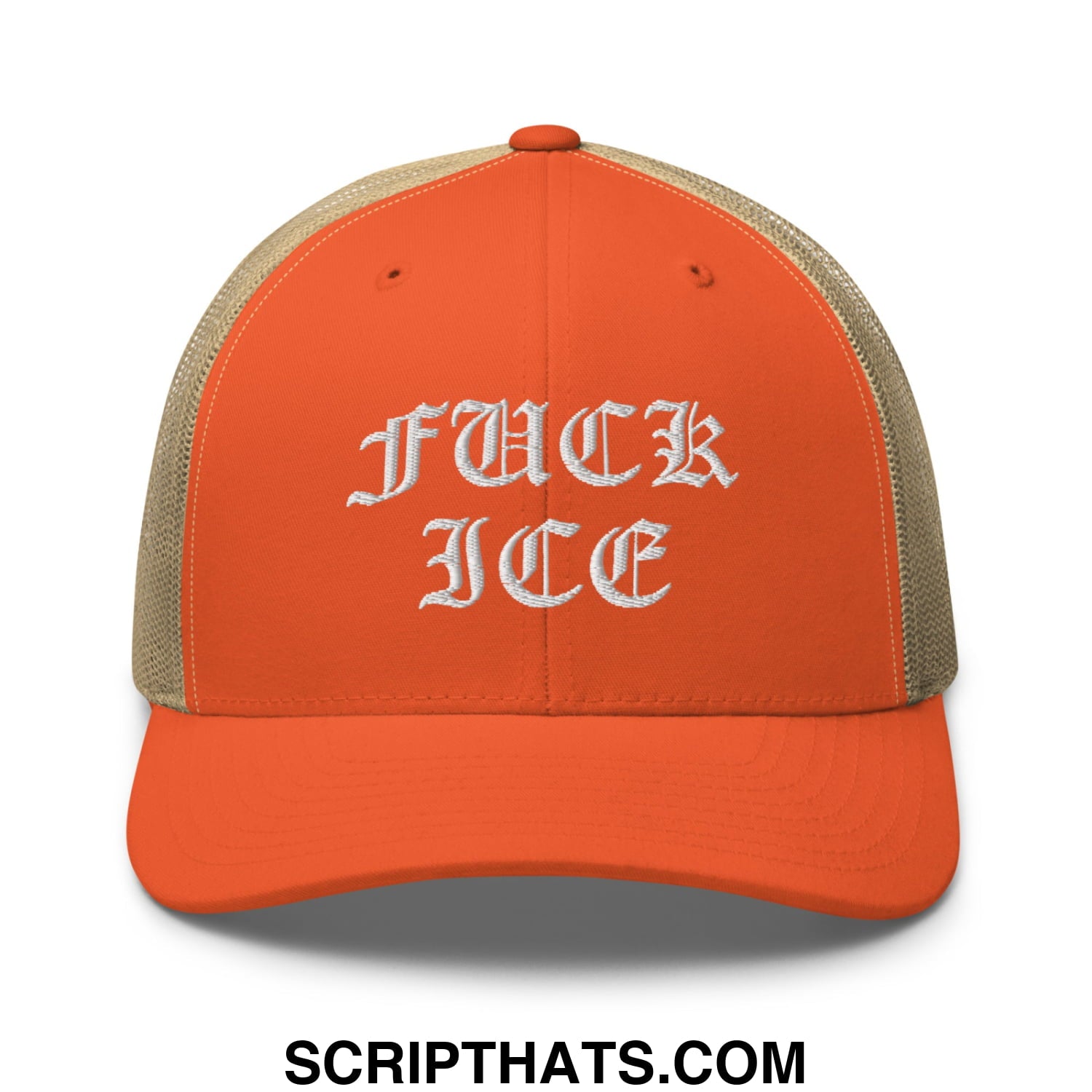 Orange and beige mesh trucker hat with white embroidered fuck ice old english text on front panel