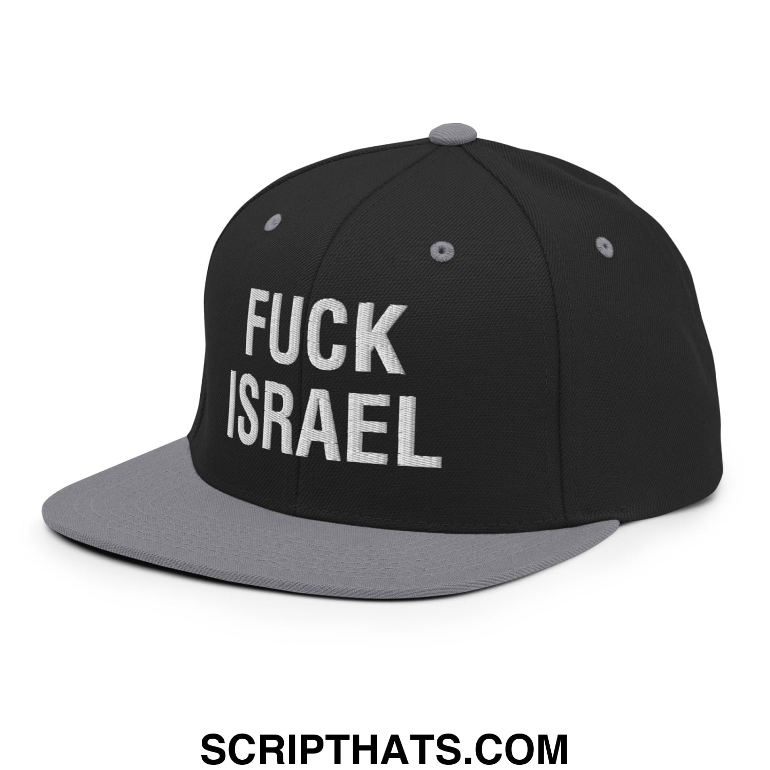 Fuck Israel Embroidered Flat Bill Brim Snapback Hat Black Silver