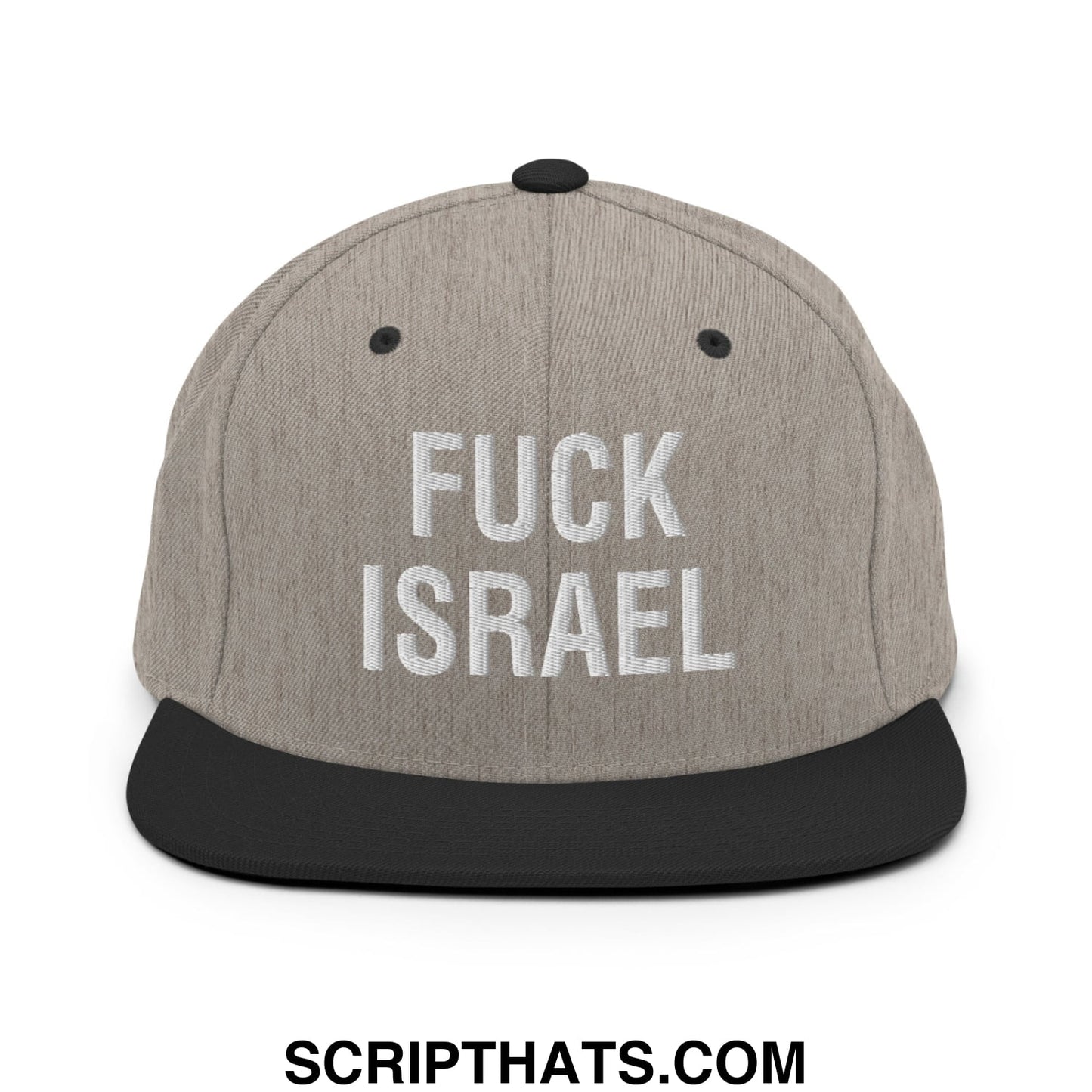 Fuck Israel Embroidered Flat Bill Brim Snapback Hat Heather Black