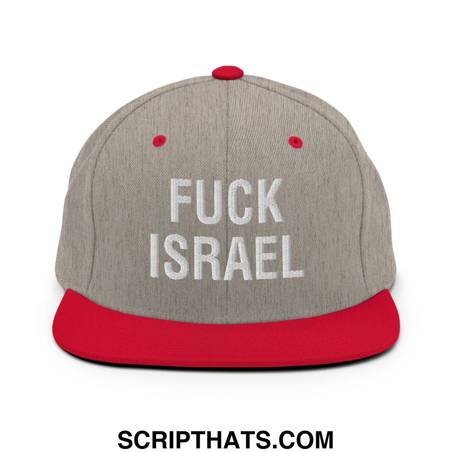 Fuck Israel Embroidered Flat Bill Brim Snapback Hat Heather Grey Red