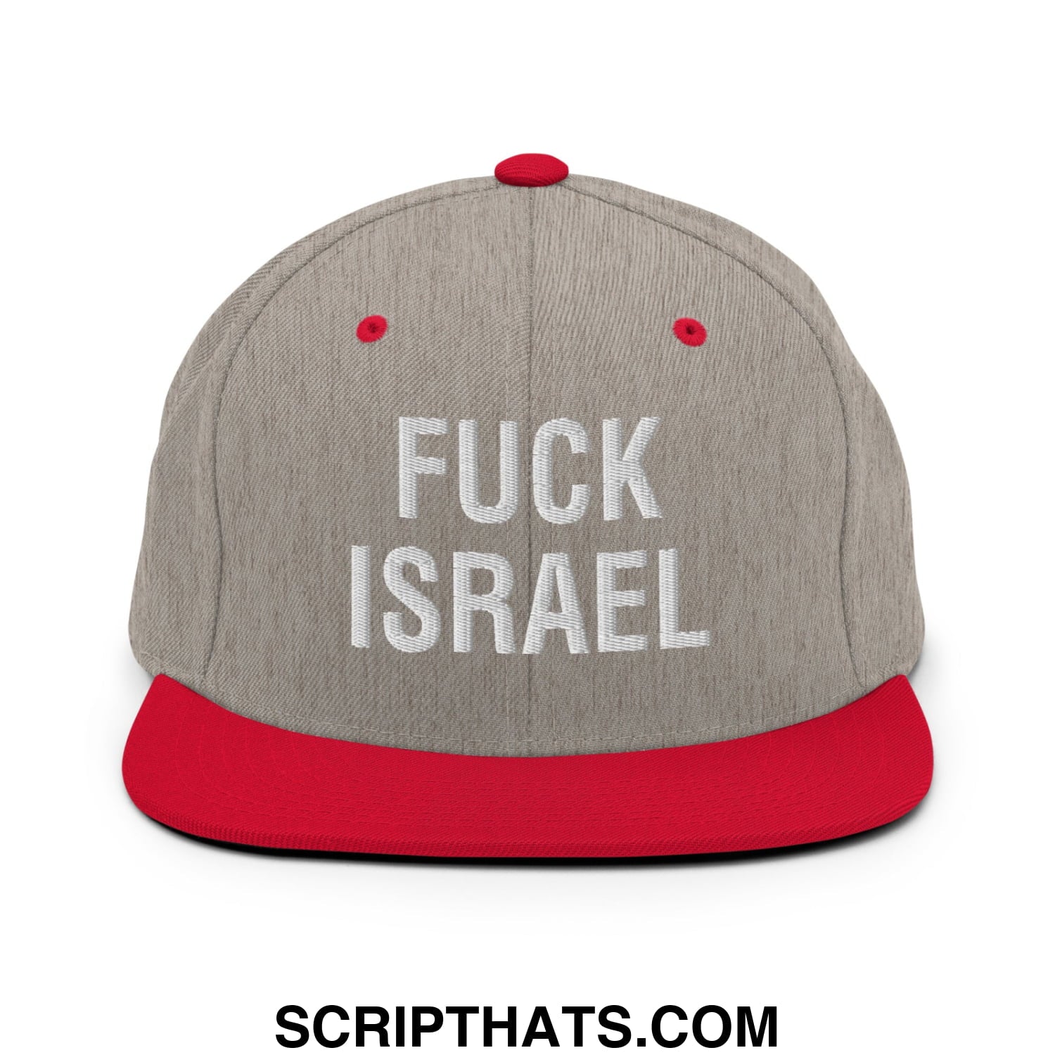 Fuck Israel Embroidered Flat Bill Brim Snapback Hat Heather Grey Red