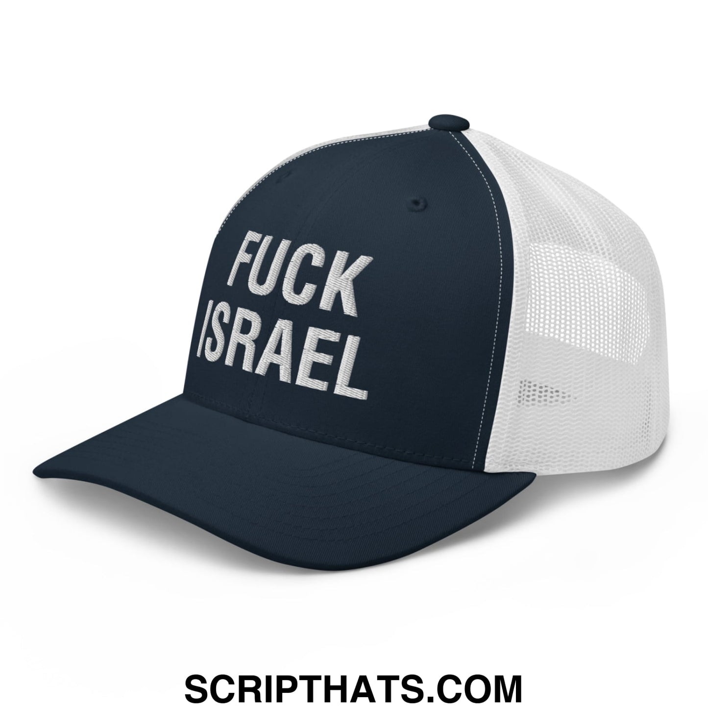 Fuck Israel Embroidered Mesh Trucker Hat Navy White
