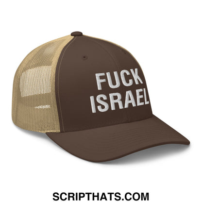 Fuck Israel Embroidered Mesh Trucker Hat Brown Khaki