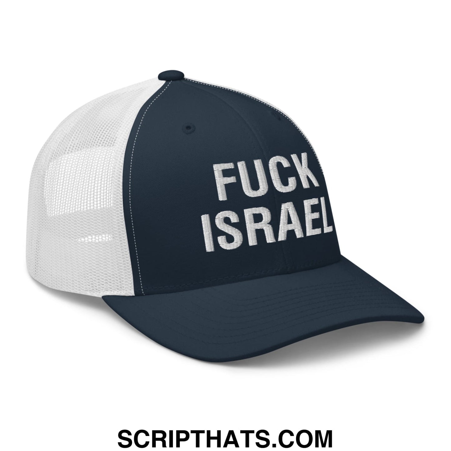 Fuck Israel Embroidered Mesh Trucker Hat Navy White