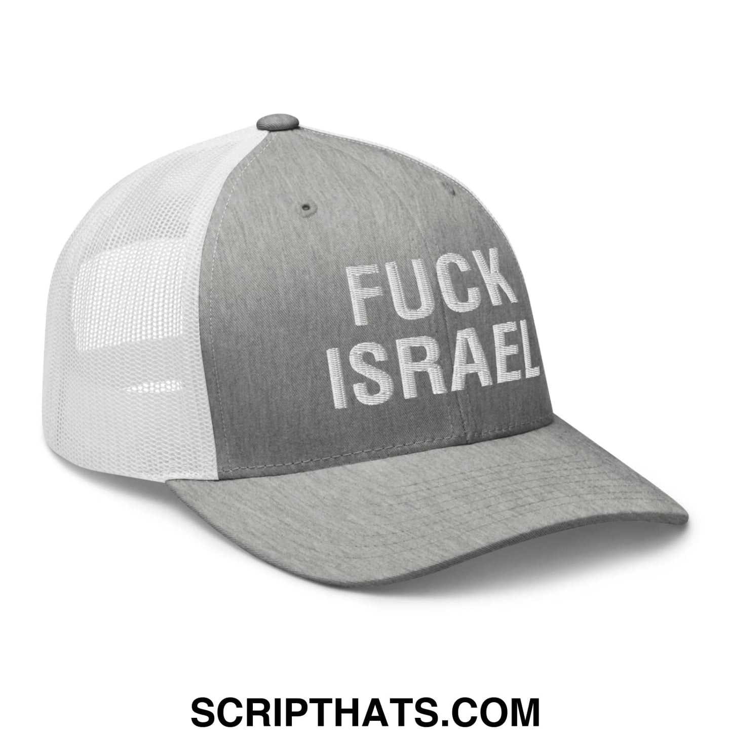 Fuck Israel Embroidered Mesh Trucker Hat Heather Grey White