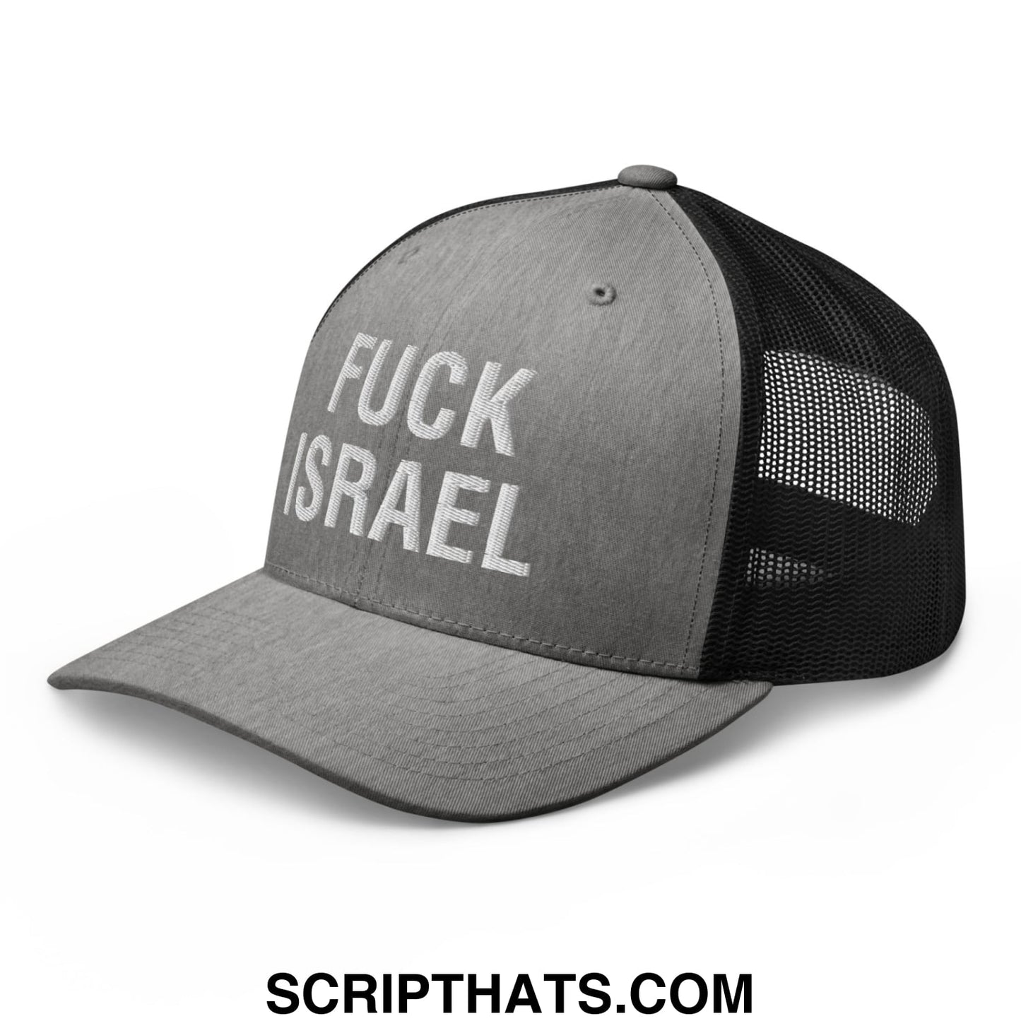 Fuck Israel Embroidered Mesh Trucker Hat Heather Black