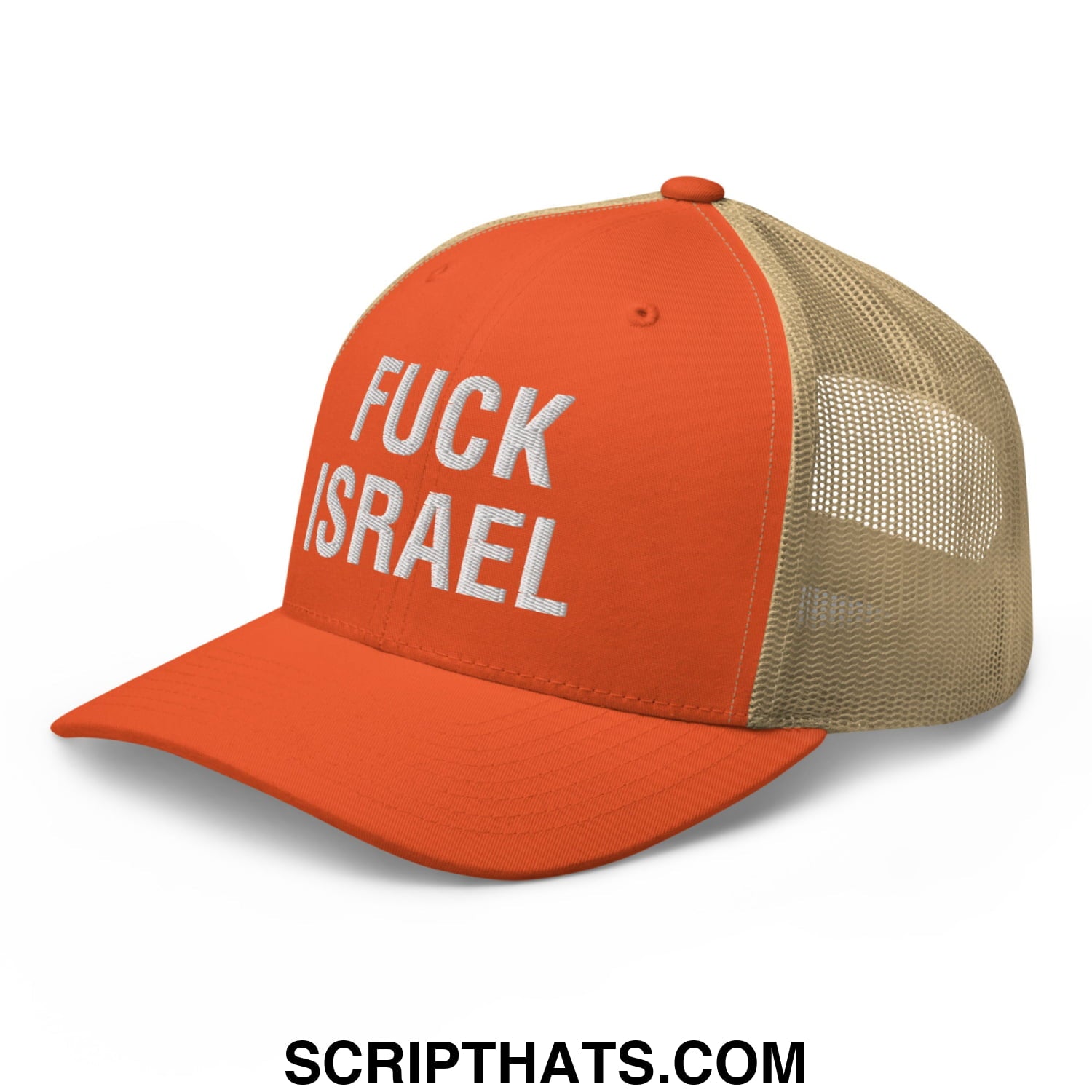 Fuck Israel Embroidered Mesh Trucker Hat Rustic Orange Khaki