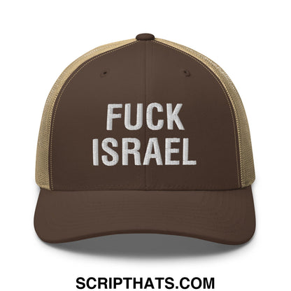 Fuck Israel Embroidered Mesh Trucker Hat Brown Khaki