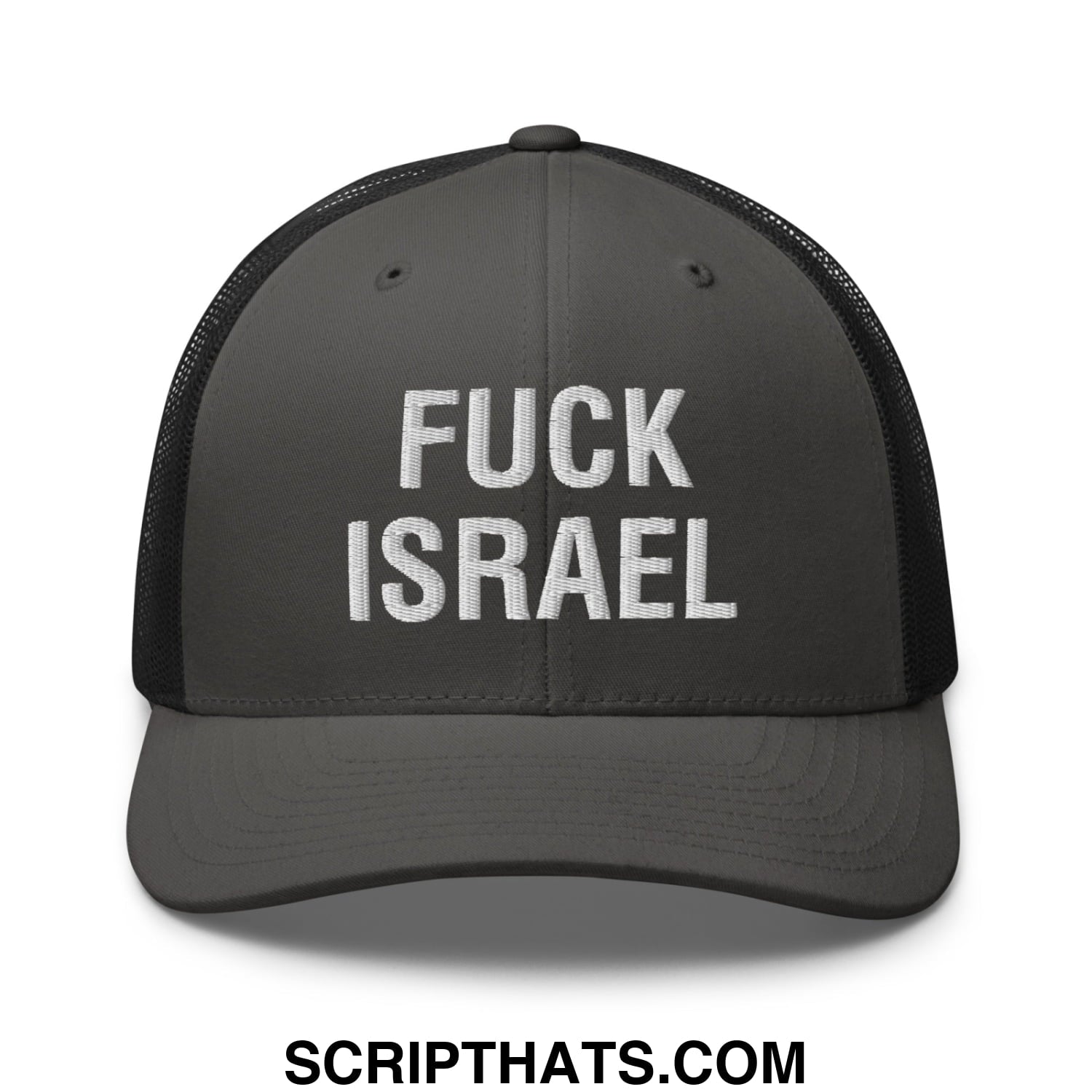 Fuck Israel Embroidered Mesh Trucker Hat Charcoal Black