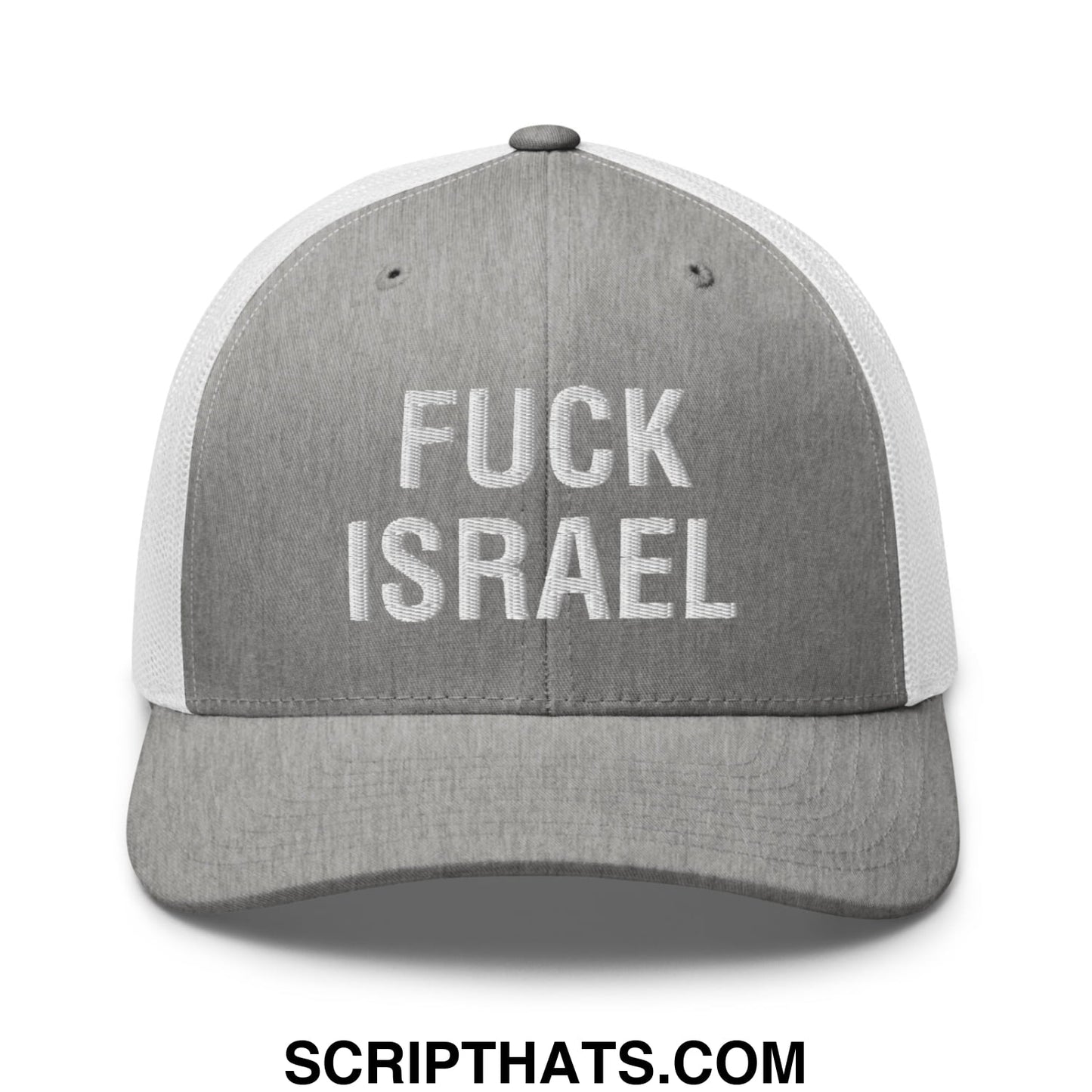 Fuck Israel Embroidered Mesh Trucker Hat Heather Grey White