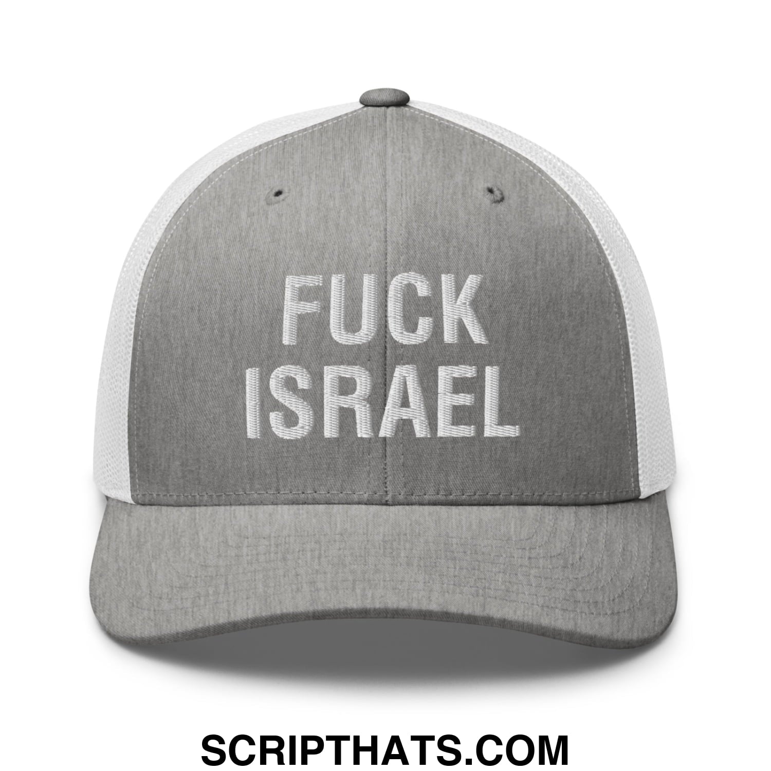 Fuck Israel Embroidered Mesh Trucker Hat Heather Grey White