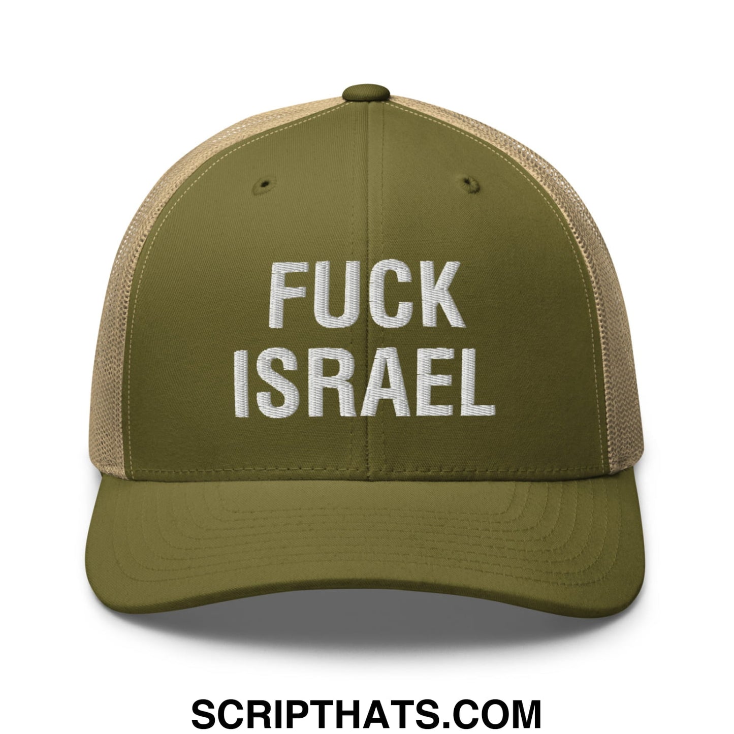 Fuck Israel Embroidered Mesh Trucker Hat Moss Khaki