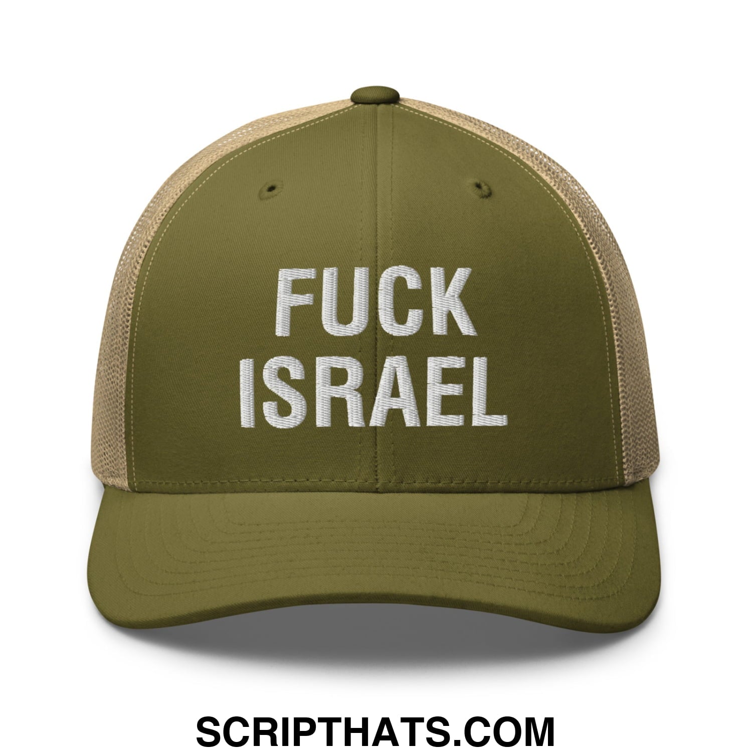 Fuck Israel Embroidered Mesh Trucker Hat Moss Khaki