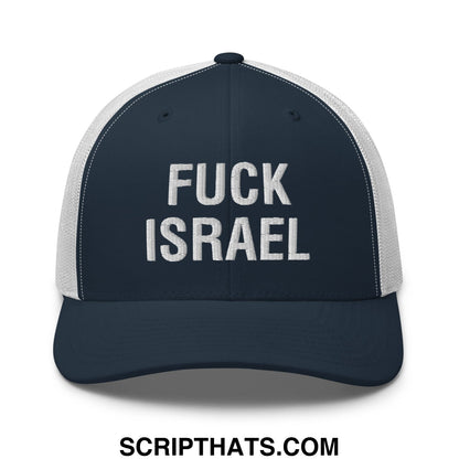 Fuck Israel Embroidered Mesh Trucker Hat Navy White