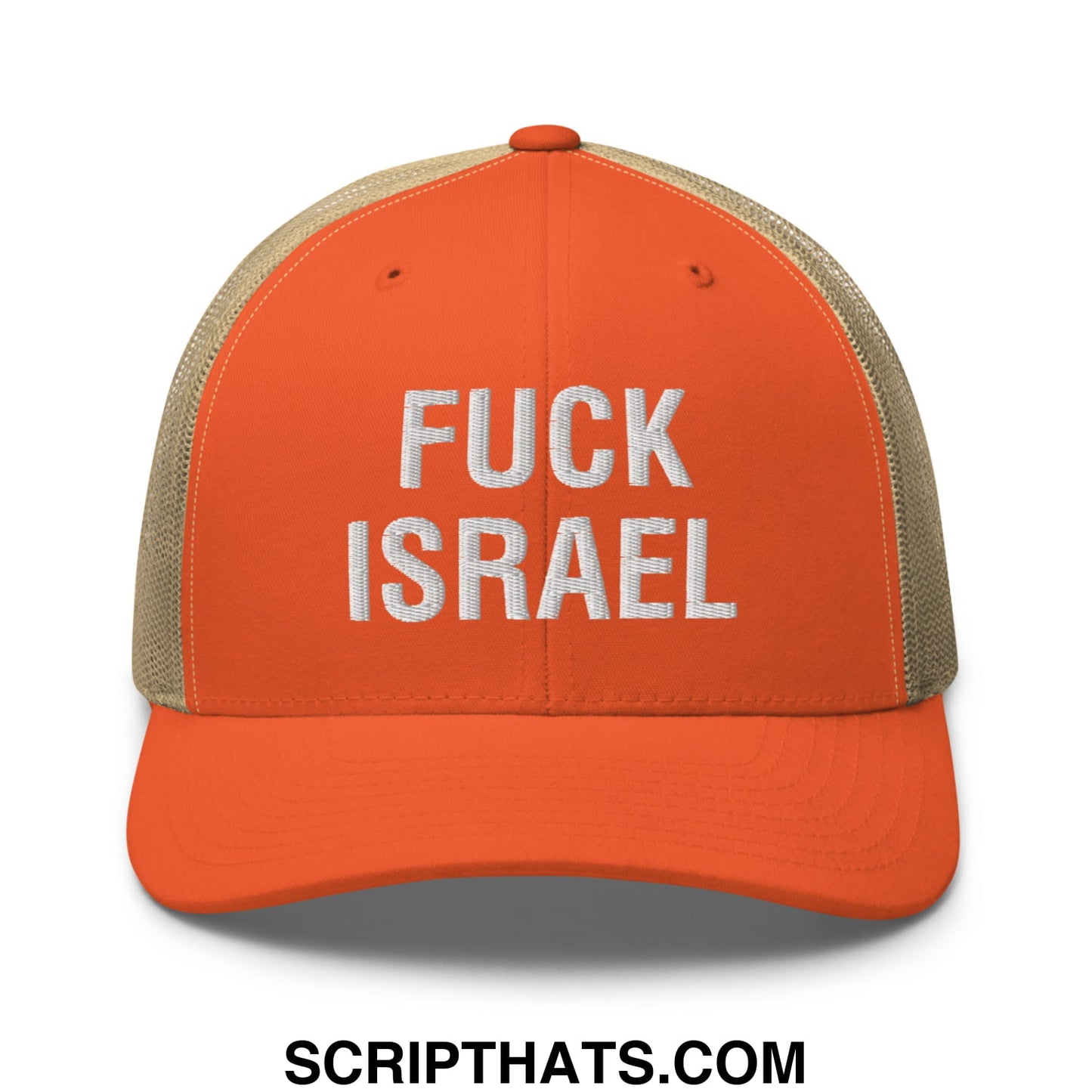 Fuck Israel Embroidered Mesh Trucker Hat Rustic Orange Khaki