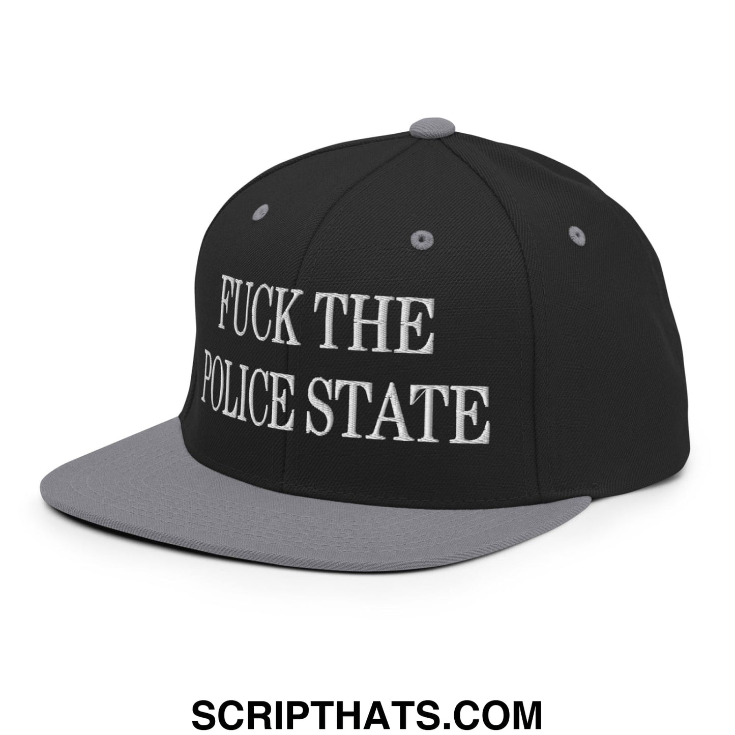 Black and gray snapback cap with white embroidered text fuck the police state on flat bill brim