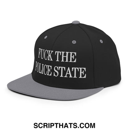 Black and gray snapback cap with white embroidered text fuck the police state on flat bill brim