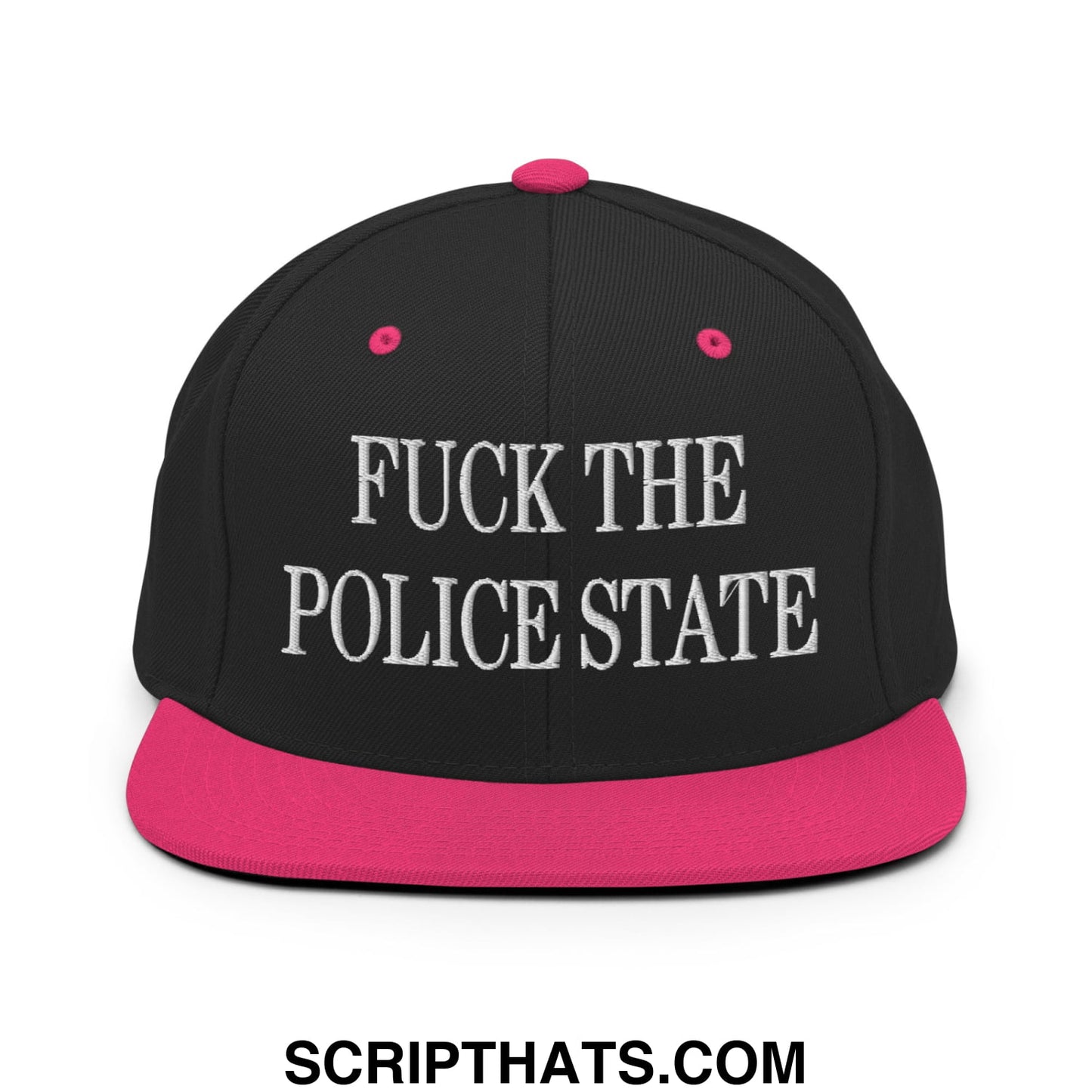 Black snapback hat with vibrant pink brim and button featuring bold white embroidered text fuck the police state