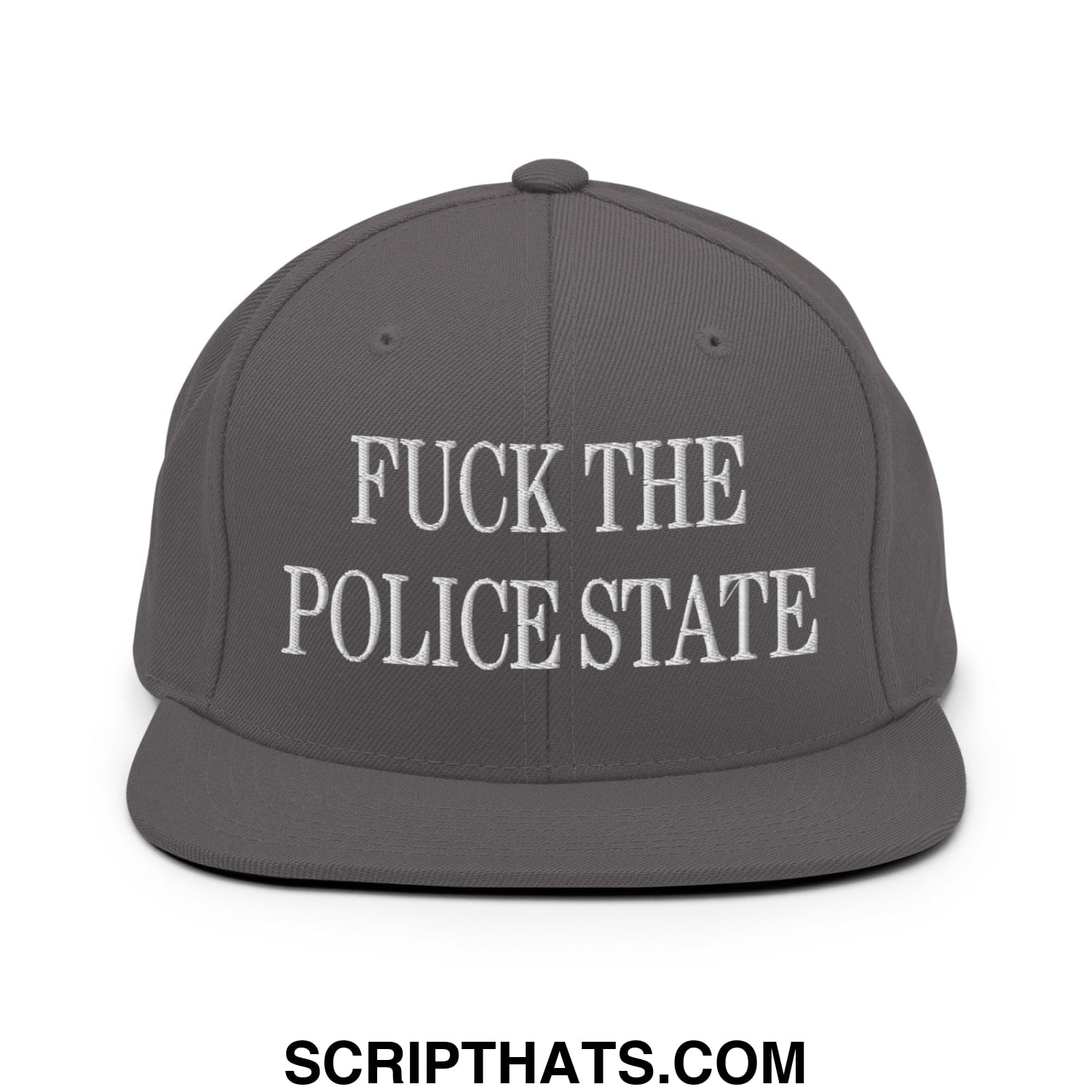 Dark gray snapback cap with white embroidered text fuck the police state flat bill brim for casual wear