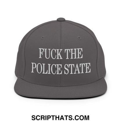 Dark gray snapback cap with white embroidered text fuck the police state flat bill brim for casual wear