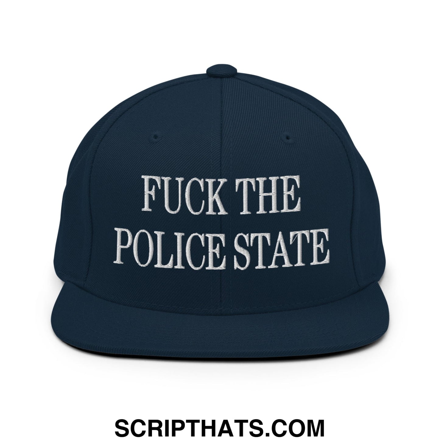 Navy blue snapback cap with white embroidered fuck the police state text and flat bill brim for casual wear
