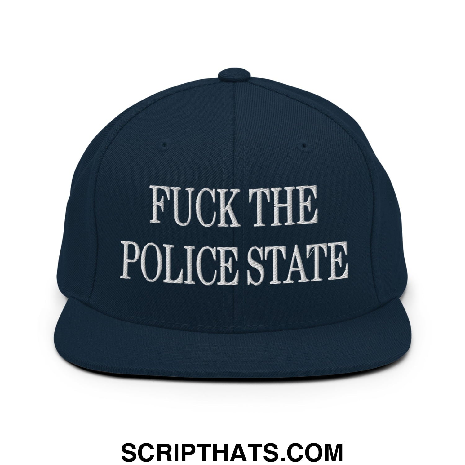 Navy blue snapback cap with white embroidered fuck the police state text and flat bill brim for casual wear