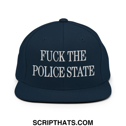 Navy blue snapback cap with white embroidered fuck the police state text and flat bill brim for casual wear