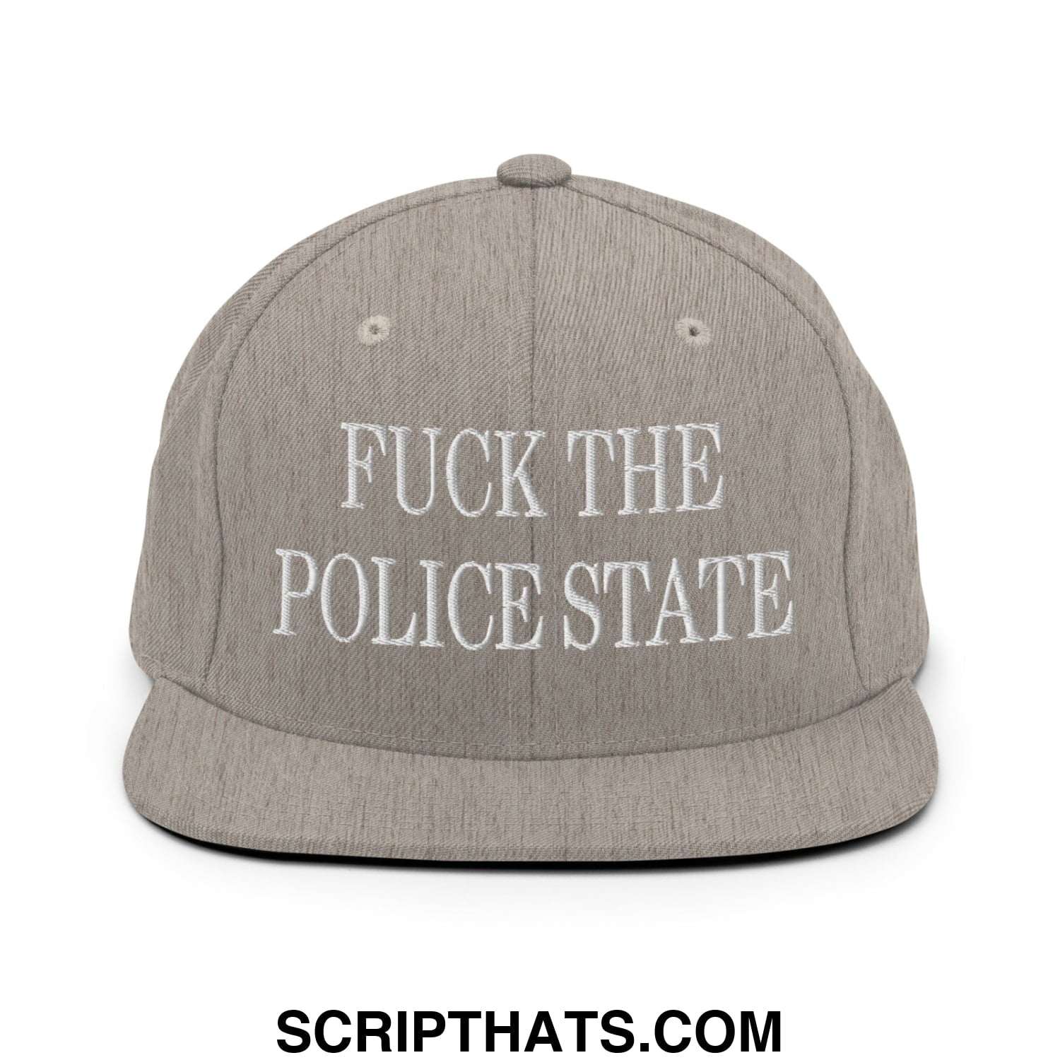 Gray flat bill snapback hat with white embroidered text fuck the police state on front panel