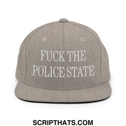 Gray flat bill snapback hat with white embroidered text fuck the police state on front panel