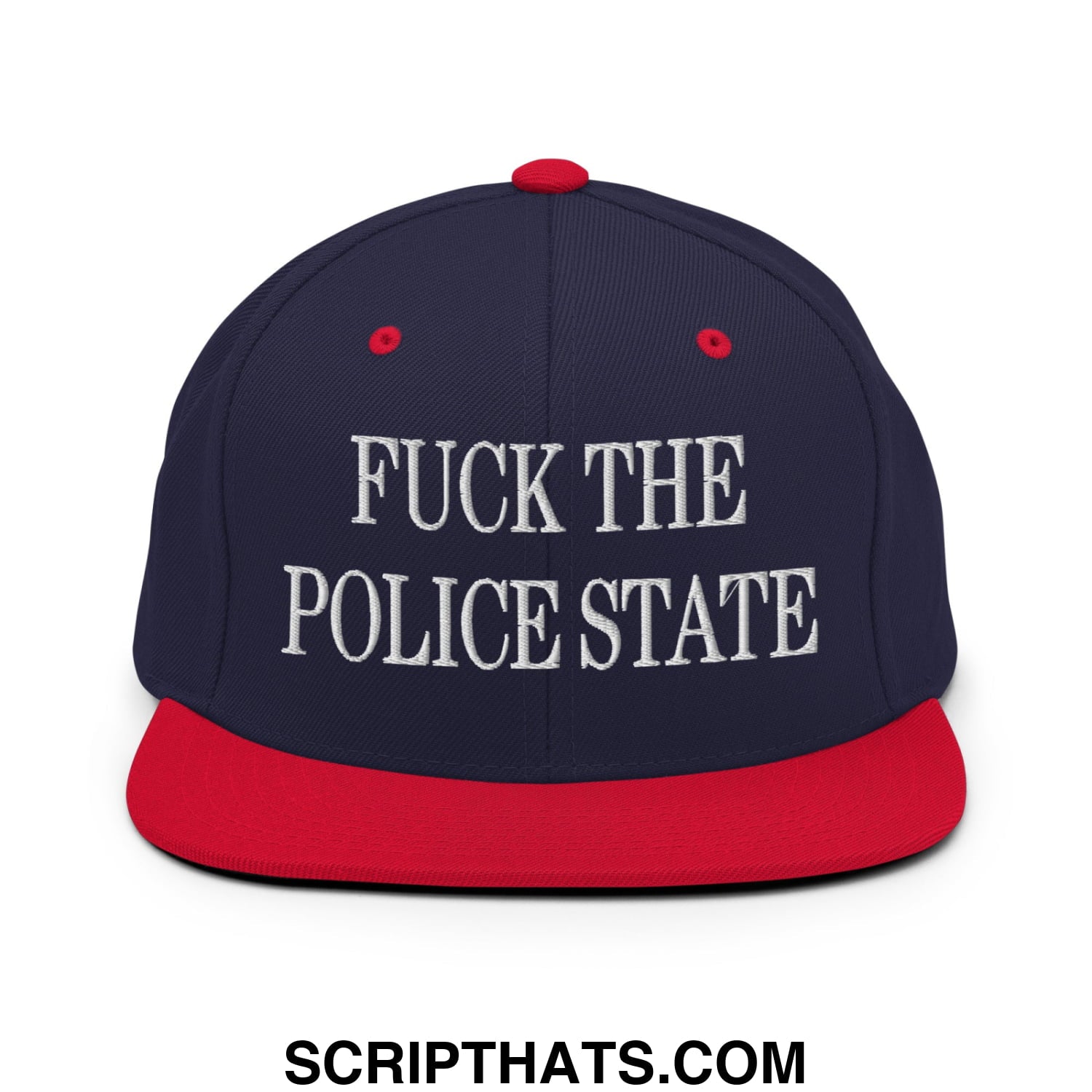 Navy blue and red snapback hat with white embroidered text fuck the police state and a flat bill brim