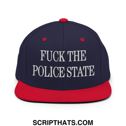 Navy blue and red snapback hat with white embroidered text fuck the police state and a flat bill brim