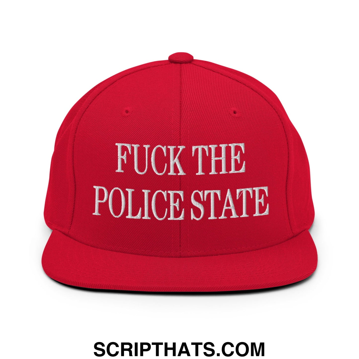 Red snapback cap with white embroidered fuck the police state text flat bill brim snapback hat