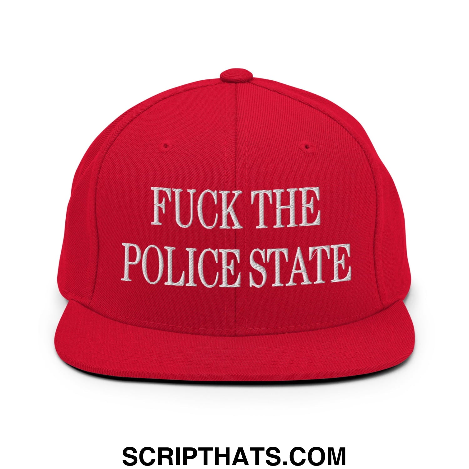 Red snapback cap with white embroidered fuck the police state text flat bill brim snapback hat