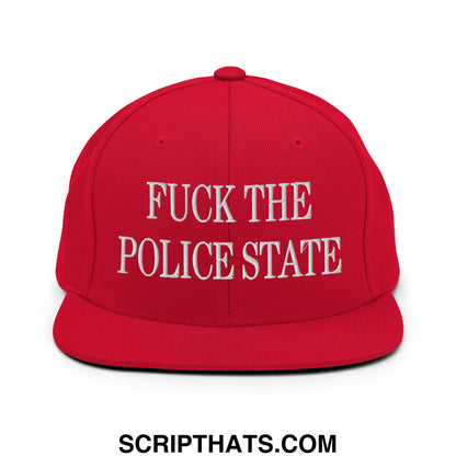 Red snapback cap with white embroidered fuck the police state text flat bill brim snapback hat