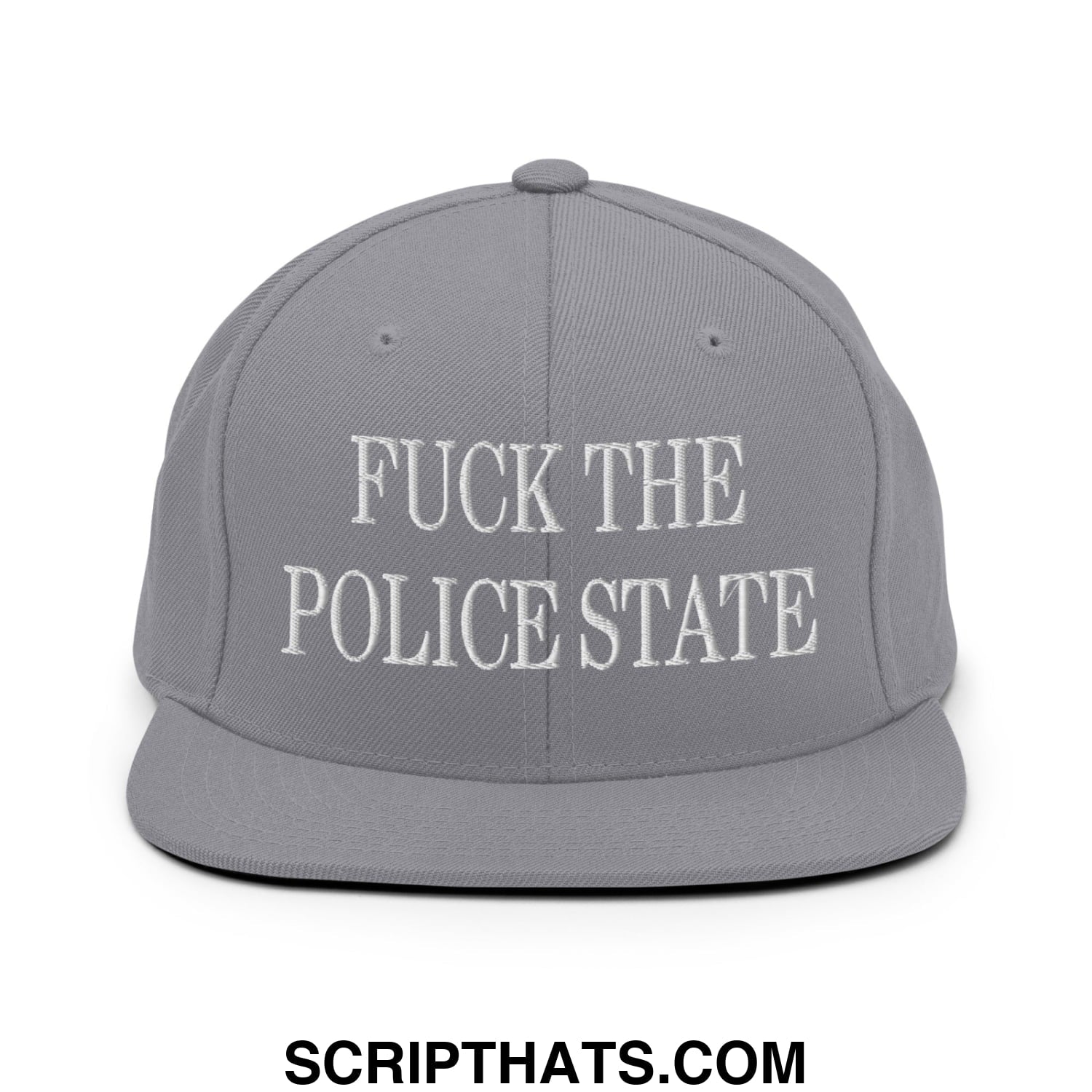 Gray snapback hat with white embroidered fuck the police state text and flat bill brim for casual wear