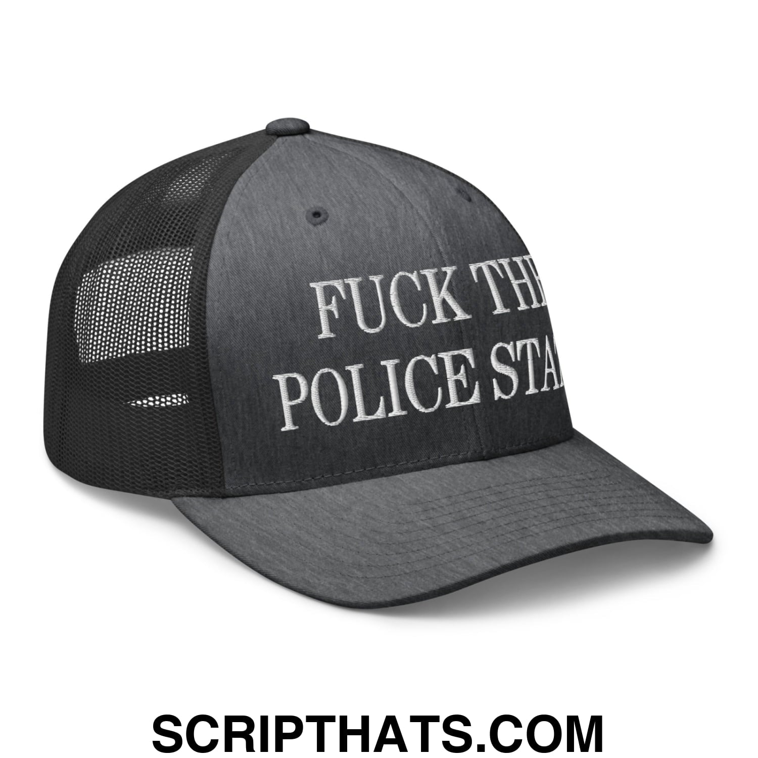 Fuck The Police State Embroidered Mesh Trucker Hat Dark Heather Gray
