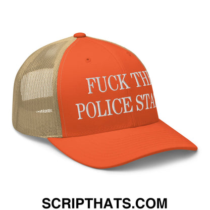 Fuck The Police State Embroidered Mesh Trucker Hat Rustic Orange Khaki