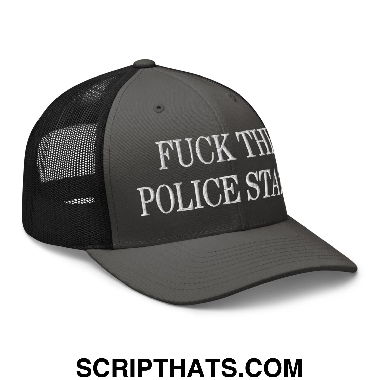 Fuck The Police State Embroidered Mesh Trucker Hat Charcoal Black