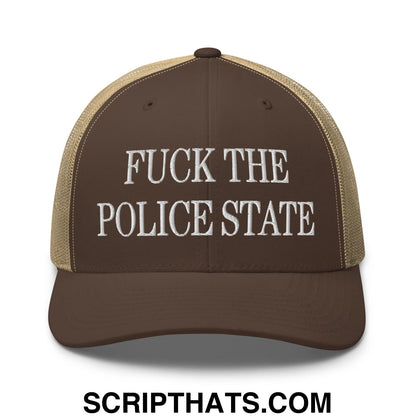 Fuck The Police State Embroidered Mesh Trucker Hat Brown Khaki