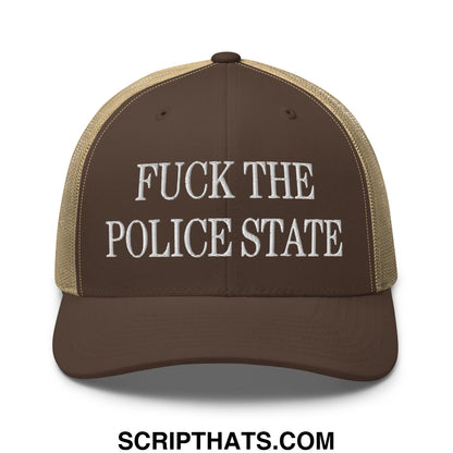 Brown and tan mesh trucker hat with white embroidered fuck the police state text on front panel