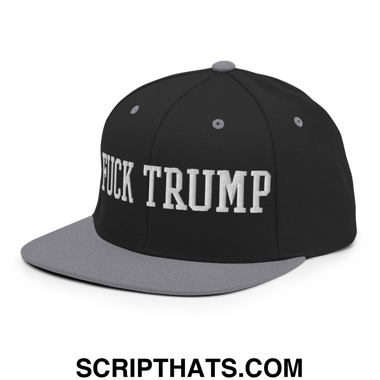 Fuck Trump Embroidered Flat Bill Brim Snapback Hat Black Silver