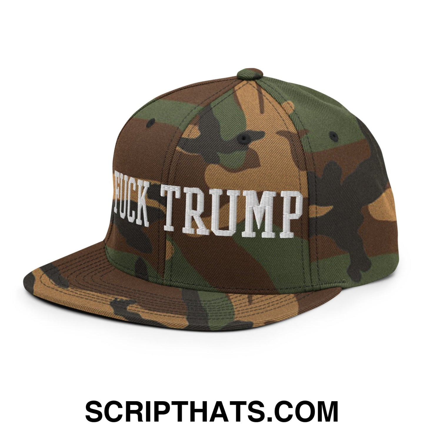 Fuck Trump Embroidered Flat Bill Brim Snapback Hat Green Camo