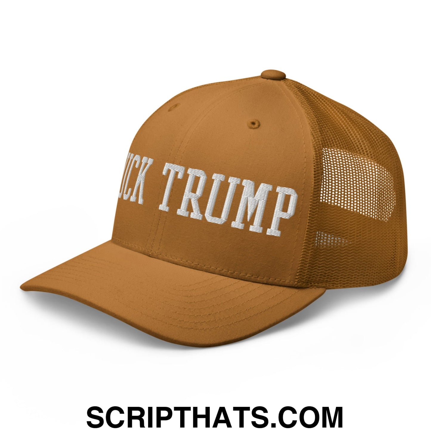 Fuck Trump Embroidered Mesh Trucker Hat Caramel