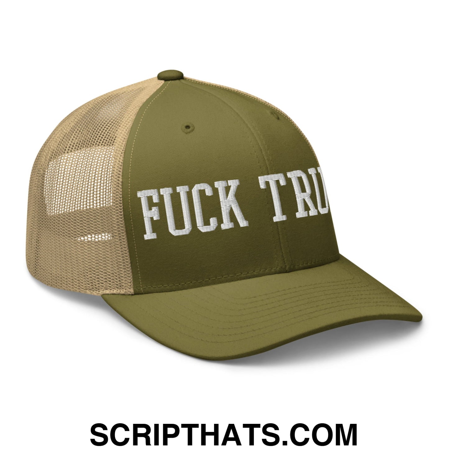 Fuck Trump Embroidered Mesh Trucker Hat Moss Khaki
