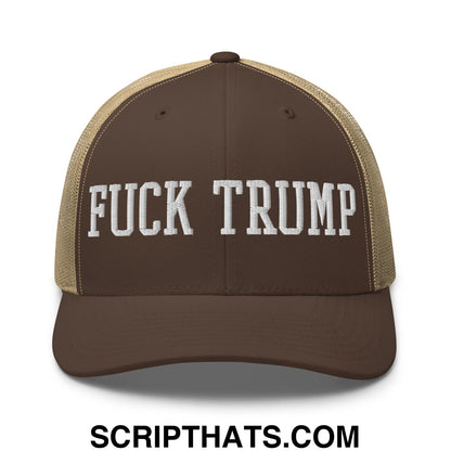 Fuck Trump Embroidered Mesh Trucker Hat Brown Khaki
