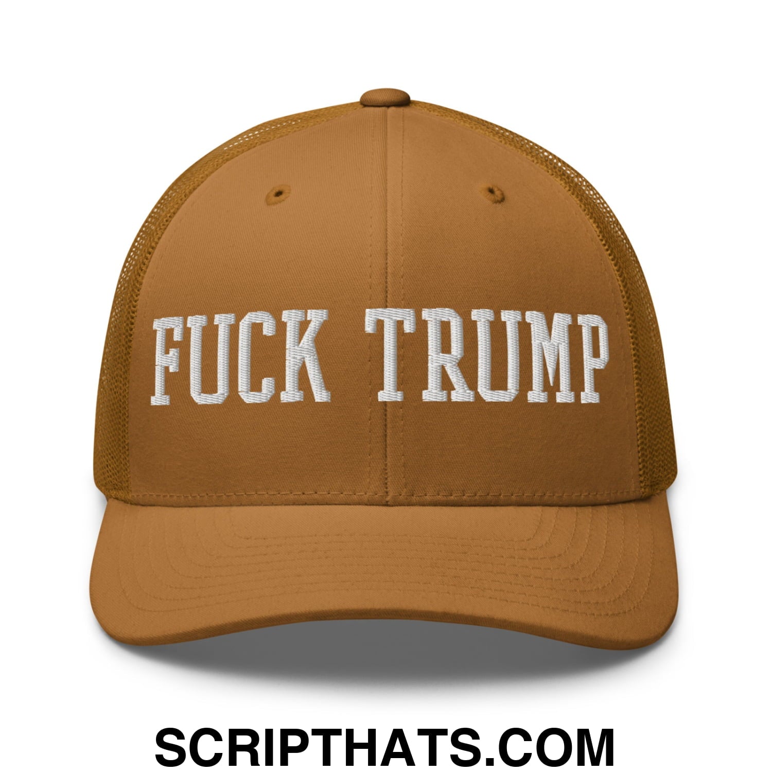 Fuck Trump Embroidered Mesh Trucker Hat Caramel