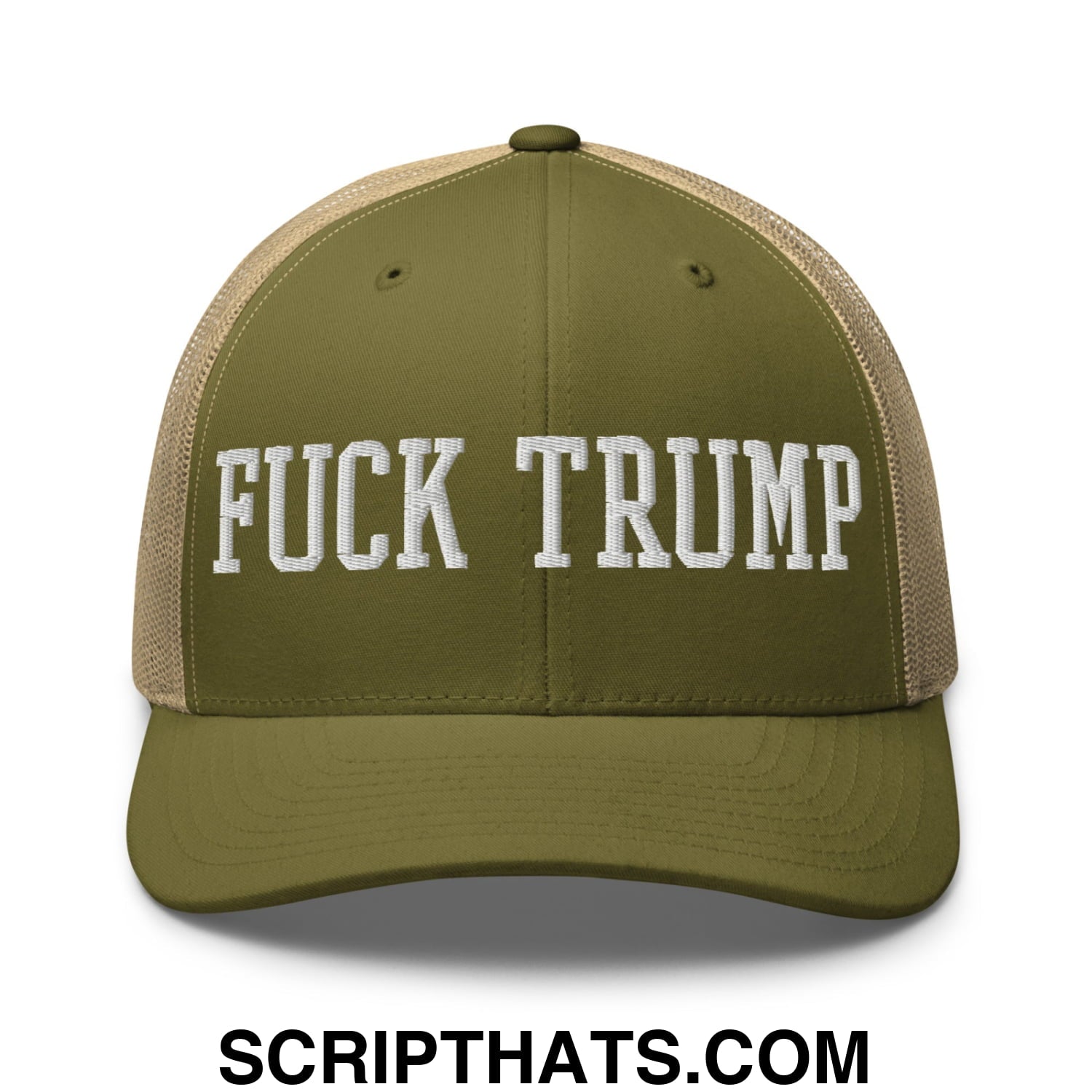 Fuck Trump Embroidered Mesh Trucker Hat Moss Khaki